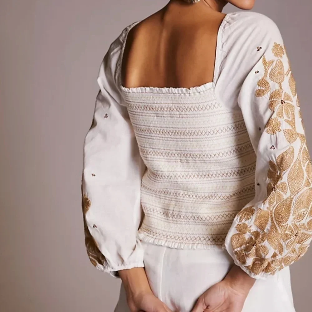NWT Anthropologie Smocked Embroidered Puff Sleeve Square Neck Top
